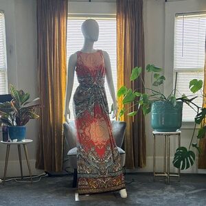 Donna Morgan Red Paisley-Print Sleeveless Maxi Dress with Waist Tie